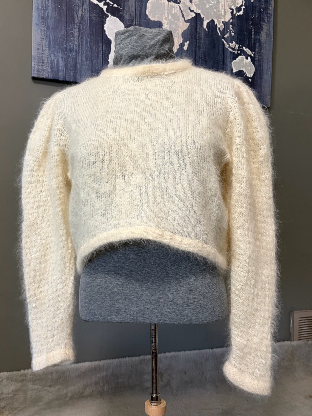 Alberto’s Italy Mohair Wool Cropped Sweater Ivory Fuzzy Knit